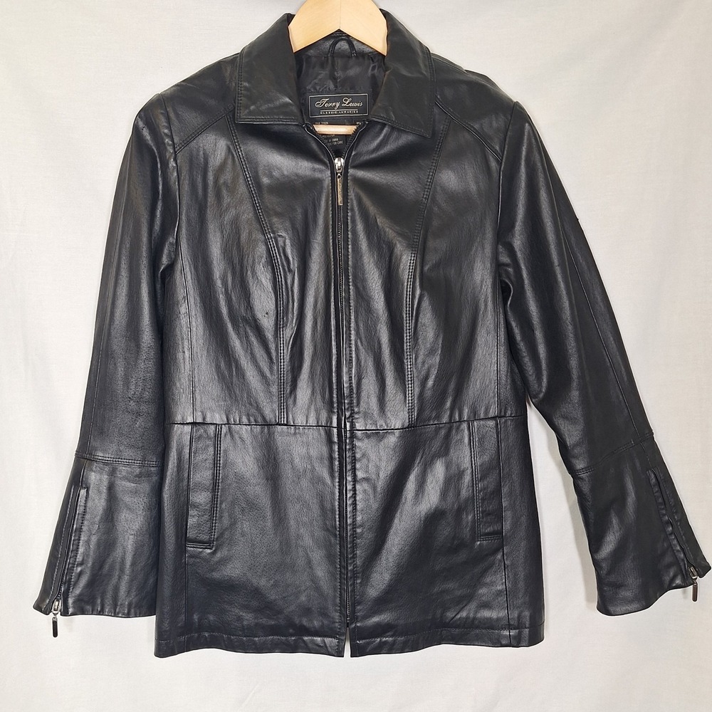 Terry Lewis Black Size M 100% Leather Car Coat Med Fitted Seams Mid Zip Classic